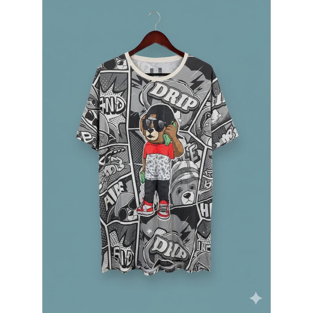 Hustle Shirt Men’s Bailey Bear AOP Drip Streetwear Shirt 3XL XXXL Streetwear